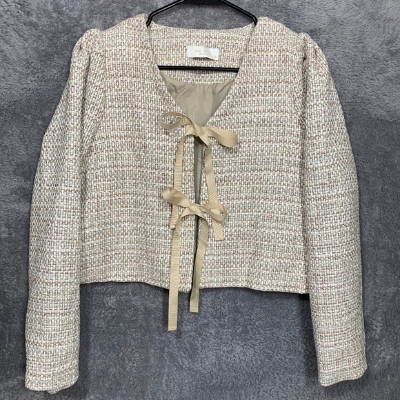 AND BY L Tweed Tie Front Jacket Blazer Beige Multicolor Made in Korea Women’s Si - Picture 1 of 8